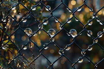 Fototapeta premium Water droplets clinging to a chain-link fence