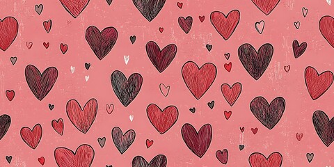 A seamless pattern of red hearts on a pink background