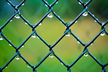 Fototapeta premium Water droplets clinging to a chain-link fence