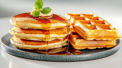 A delicious stack of fluffy pancakes and crispy waffles drizzled with sweet maple syrup, creating a mouthwatering breakfast spread on a clean white background.