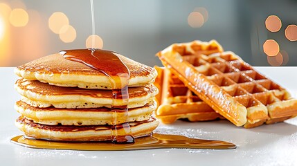 A delicious stack of fluffy pancakes and crispy waffles drizzled with sweet maple syrup, creating a mouthwatering breakfast spread on a clean white background.
