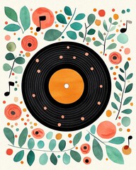 Obraz premium Enchanted Whimsy Watercolor Whimsical Pastel Daydream Colorful vinyl record surrounded by floral elements.