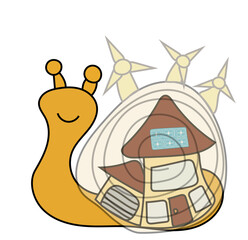A happy orange cartoon snail with a transparent she'll, showing a modern house inside with solar panels, and mini windmills on top. Concept of environment and sustainable living. Vector drawing. 