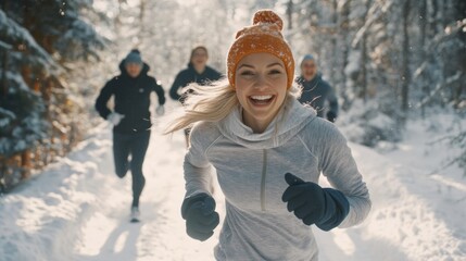 A woman is running in the snow with her friends