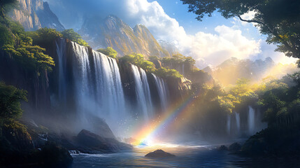 Fototapeta premium A stunning view of a multi-tiered secret waterfall cascading down smooth rocks, with sunlight creating rainbows in the mist 