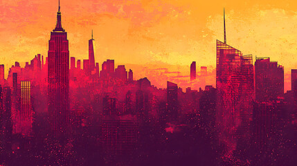 Vibrant Urban Sunset Skyline Silhouette of New York with Empire State Building in Golden Hour