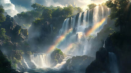 A stunning view of a multi-tiered secret waterfall cascading down smooth rocks, with sunlight creating rainbows in the mist 