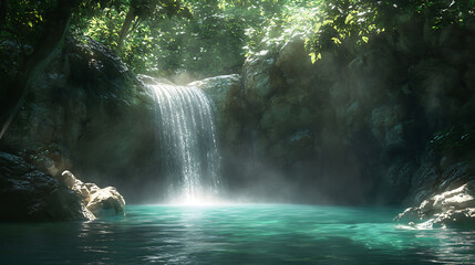 A tranquil scene of a secret waterfall flowing into a crystal-clear pool, with sunlight filtering through the trees above 