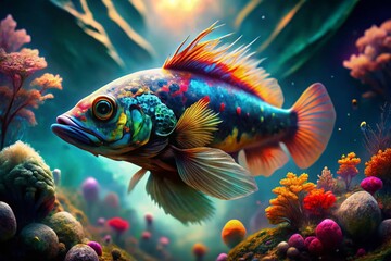 Fototapeta premium Enigmatic Double Exposure of Poison Fish with Underwater Landscapes and Ethereal Textures for Stunning Visual Impact in Nature and Marine Photography
