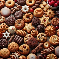 Fototapeta premium A variety of cookies: Images often depict a wide assortment of cookies in different shapes, sizes, and flavors. This showcases the diverse world of cookies and the endless possibilities when it comes 