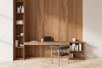 Home bedroom interior with work zone, table and chair with shelf. Empty wall