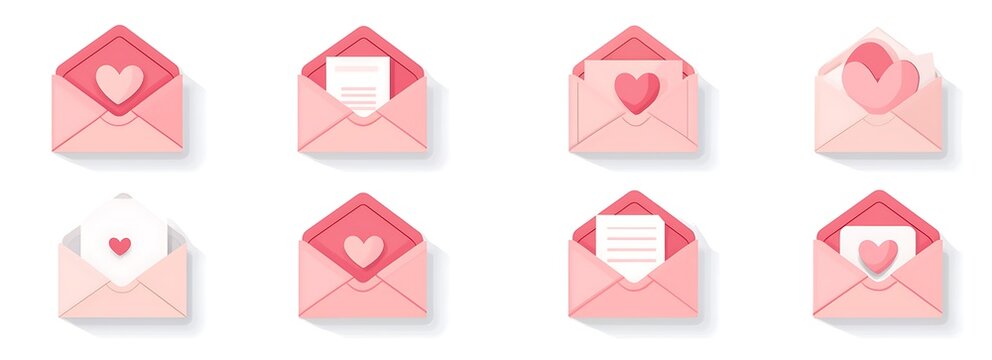 A set of pink envelope icons with hearts inside