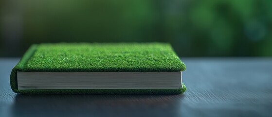 A unique green book with a textured cover resembling grass on a wooden surface.