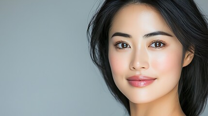 The close up portrait of an Asian woman shows her delicate features, with smooth porcelain skin and almond shaped eyes that exude a sense of wisdom and grace