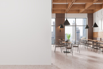Cafe interior with chairs and eating tables, panoramic window. Mock up wall