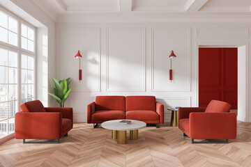 Modern Living Room with Red Accents. 3D Rendering