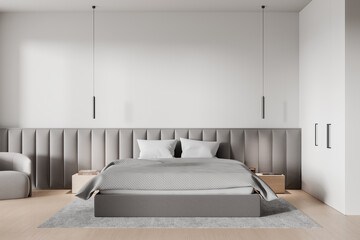 Modern bedroom with neutral tones, featuring sleek furniture and minimalist decor. Bright and airy...