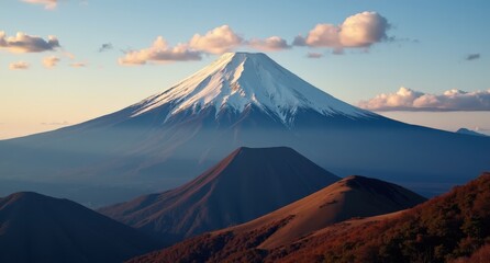 Fototapeta premium Mount Fuji, Japan, iconic snow-capped peak under clear sky, framed by lush forest. Captured with Nikon D850, highlighting cultural and natural beauty in vivid detail.