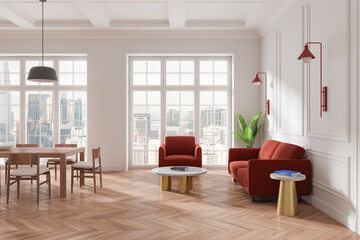 Bright modern living room with red furniture, wooden flooring, and large windows overlooking the city. Cozy home design. 3D Rendering