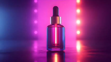 Glass Dropper Bottle with Neon Lights - 3D Illustration
