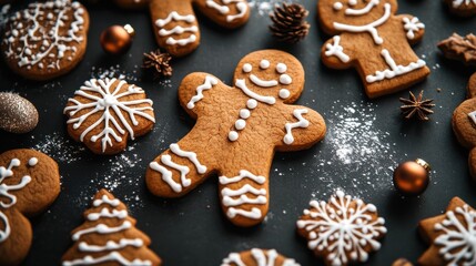 Homemade gingerbread cookies. Winter composition. New Year or Christmas. Top view flat lay.