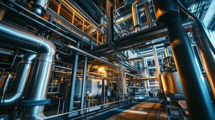 Inside a factory with exposed pipes and wiring.