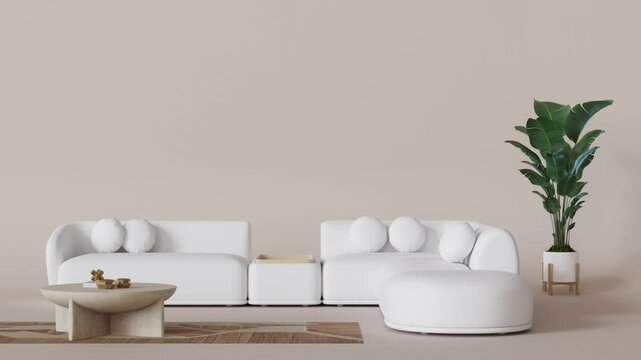 Plush white sofa with elegant accents, stylish round coffee table and artistic, pendant light, perfect for contemporary home. Furniture store concept. Interior design. 3D animation.