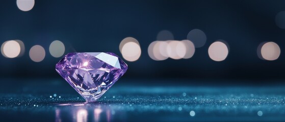 Fototapeta premium Close-up of a beautiful purple diamond on a sparkling surface with blurred background.
