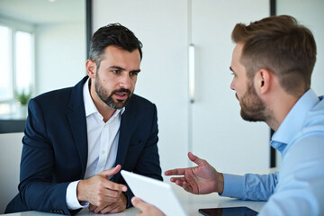 Two men in sleek modern office scene, office-professional and men-interacting