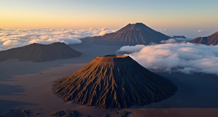 Mount Bromo, East Java, Indonesia, active volcanic crater with surrounding smoky landscape, showcasing the raw and mystical beauty of Indonesia’s volcanic region.