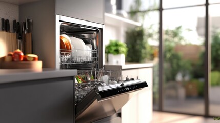 Kitchen appliance with open door and clean dishes