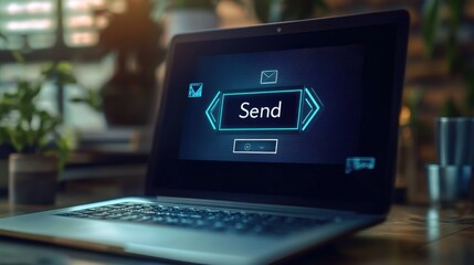 Laptop showing a digital invitation layout, with cursor hovering over "Send"