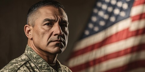 Serious male soldier with US flag in backdrop