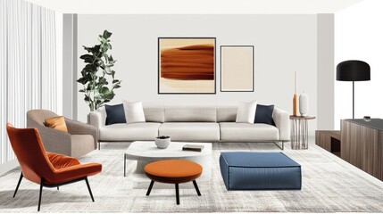 Layout of a living room featuring modern furniture and color scheme.