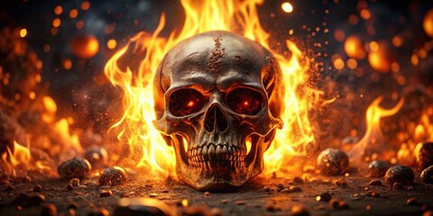 Fiery Skull Emblem with a High Depth of Field Effect, Capturing the Intensity of Flames Surrounding a Dark Skull, Perfect for Halloween and Fantasy Themes