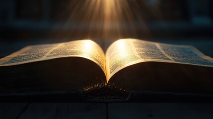 Light coming out of open book pages. Learning, education, knowledge and religion concept.