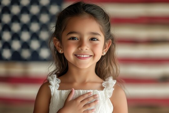 Smiling child with US flag in background - Powered by Adobe