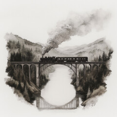 Vintage train crossing a picturesque viaduct in a serene mountain landscape