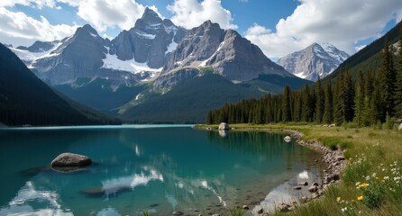 Fototapeta premium Valley of the Ten Peaks, Alberta, Canada, towering snow-capped mountains surrounding a pristine lake, capturing the grandeur and serene beauty of the Canadian Rockies.