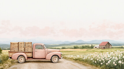 Fototapeta premium Vintage truck in serene countryside with barn and wildflowers
