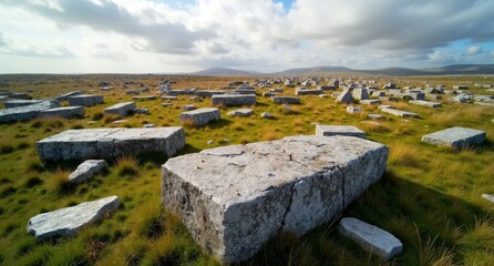 The Burren, County Clare, Ireland, dramatic limestone karst landscape under soft light, showcasing Ireland's rugged and unique geological formations.