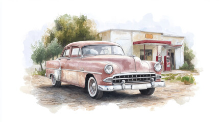 Vintage car at deserted gas station: nostalgic watercolor scene