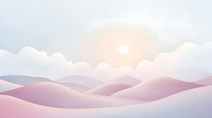 Obraz premium Soft pastel colored mountain landscape with clouds and sun.