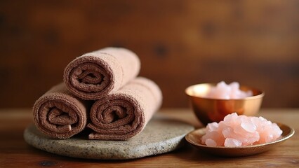 Warm inviting spa setup scene, rolled-towel and pink-salt