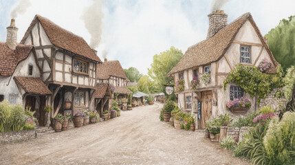 Charming medieval village scene with rustic cottages and lush gardens
