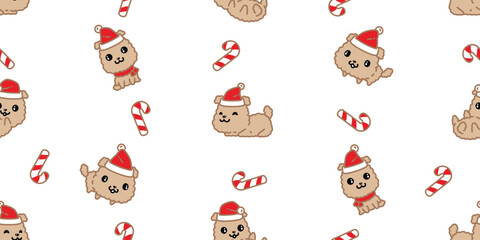 Obraz premium dog seamless pattern Christmas Santa Claus candy cane fluffy puppy vector cartoon gift box wrapping paper scarf isolated repeat wallpaper tile background illustration design