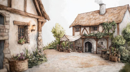 Fototapeta premium Charming rural cottage with quaint market stalls and lush vegetation