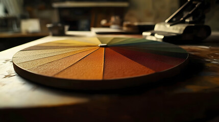 A color wheel of wooden paint samples on a workshop table.