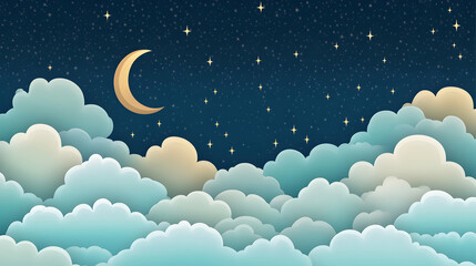 A crescent moon shines above fluffy clouds in a starry night sky.