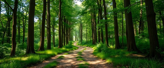 Serene Forest Path Through Tall Trees